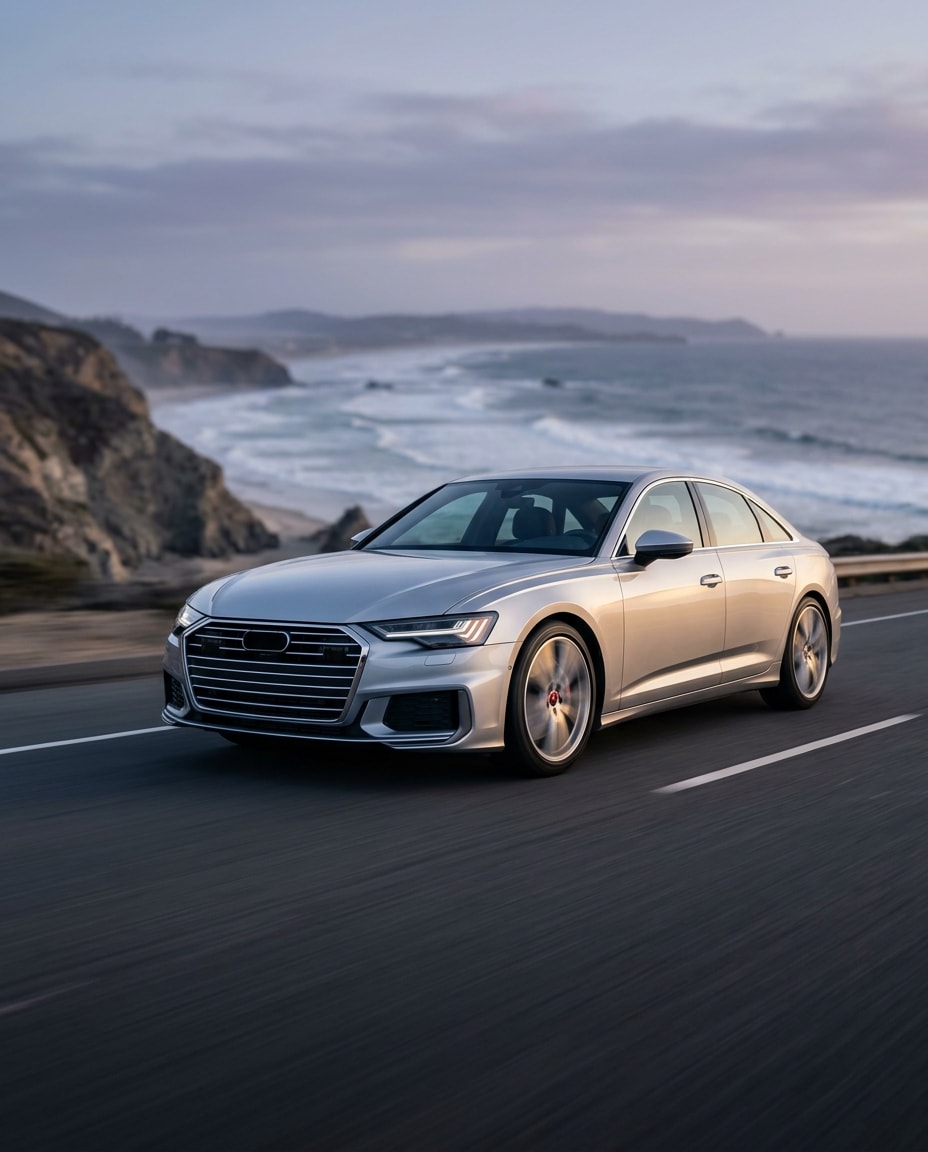 Auto insurance: a silver sedan driving along a coastal highway at dusk