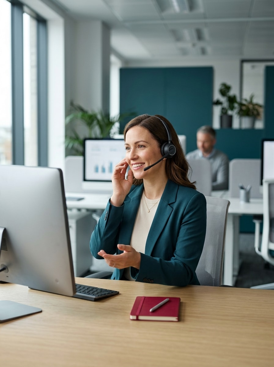 An insurance agent wearing a headset, smiling while she helps a customer over the phone at her desk